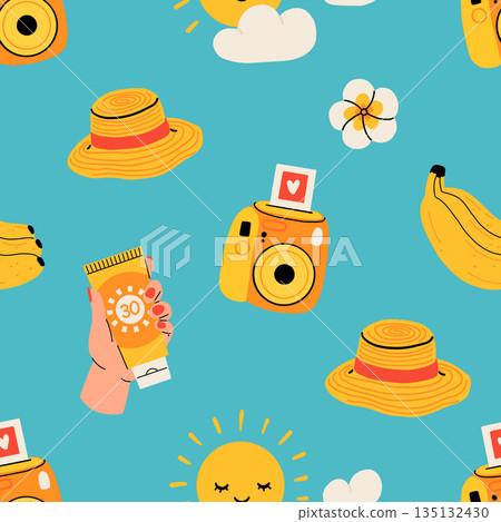 Seamless pattern with summer Icons for tropical vacation. Flat vector seasonal collection with ice cream, pineapple, tropic leaves, plumeria, watermelon, surfboard, beach accessories, swimsuit Seamless pattern with summer Icons for tropical vacation. Flat vector seasonal collection with ice cream, pineapple, tropic leaves, plumeria, watermelon, surfboard, beach accessories, swimsuit 135132430