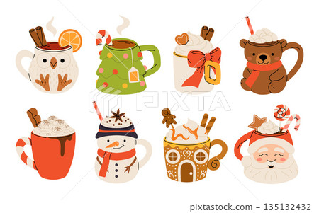 Christmas chocolate and eggnog drinks, winter holiday hot cups, vector icons. Christmas eggnog or milk punch beverages in cups and mugs, hot chocolate drinks for New Year and Xmas greeting card 135132432