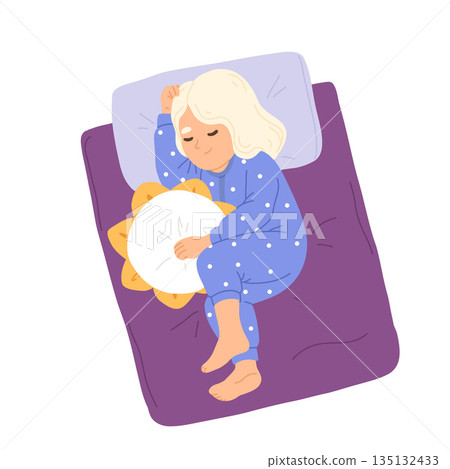 Child sleeping in bed. Calm kid asleep, lying and dreaming at night. Cute little baby girl with dog toy, sweet children relaxing on pillows. Flat cartoon vector illustration of nap time. 135132433