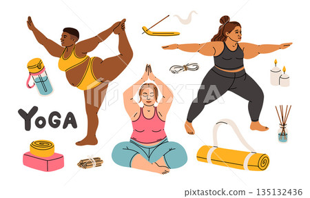 Plus size Girls Practice Yoga With Confidence And Strength, Embracing Body And Its Capabilities, Dispelling Stereotypes Of Physical Fitness And Beauty Standards. Cartoon People Vector Illustration 135132436