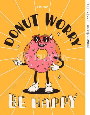 Cartoon fast food poster. Retro groovy cards with mascot food characters. Brochure design with quote text for cafe. Banner with funky groovy burger, french fries, soda, ice cream. Fast food delivery 135132444