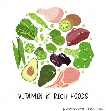 Vitamin k vector stock illustration. Food products with a high content of the vitamin k1 and k2. prunes, liver, pork chops, broccoli, green beans and peas, kale, spinach and brussels sprout. Vitamin k vector stock illustration. Food products with a high content of the vitamin k1 and k2. prunes, liver, pork chops, broccoli, green beans and peas, kale, spinach and brussels sprout. 135132462