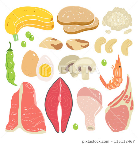 Selenium vector stock illustration. Food products with a high content of the mineral. tuna fish, meat, mushrooms, shrimps, brazil nuts, cashew, oats, bread, beans. Information poster. Food, diet. 135132467