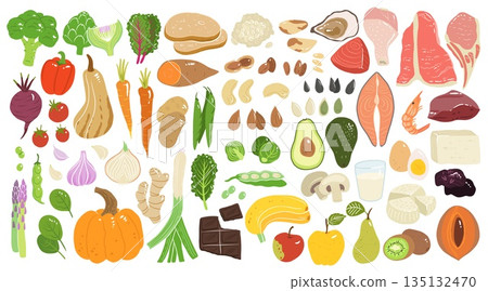 Collection of hand drawn food illustrations isolated on white background. Bundle of fresh delicious vegetables, fruits, dairy, fish and meat. wholesome healthy food. 135132470