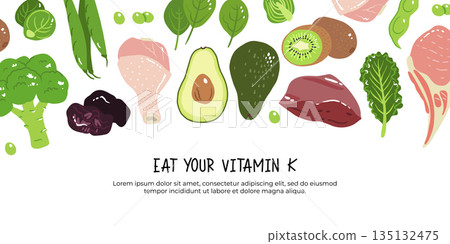 Vitamin k vector stock illustration. Food products with a high content of the vitamin k1 and k2. prunes, liver, pork chops, broccoli, green beans and peas, kale, spinach and brussels sprout. 135132475