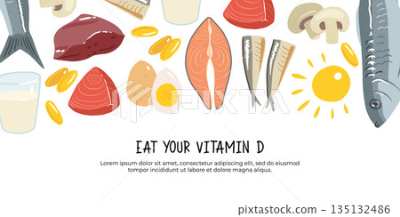 Collection of vitamin D sources. Food enriched with cholecalciferol. Dairy products, fish, mushrooms and eggs. Dietetic organic nutrition. Flat vector cartoon illustration isolated on white Collection of vitamin D sources. Food enriched with cholecalciferol. Dairy products, fish, mushrooms and eggs. Dietetic organic nutrition. Flat vector cartoon illustration isolated on white 135132486