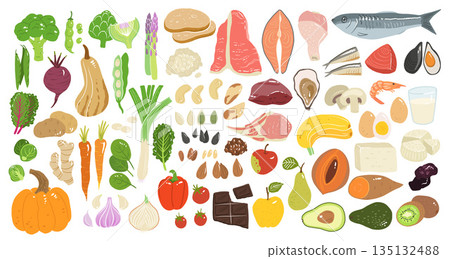 Collection of hand drawn food illustrations isolated on white background. Bundle of fresh delicious vegetables, fruits, dairy, fish and meat. wholesome healthy food. Collection of hand drawn food illustrations isolated on white background. Bundle of fresh delicious vegetables, fruits, dairy, fish and meat. wholesome healthy food. 135132488