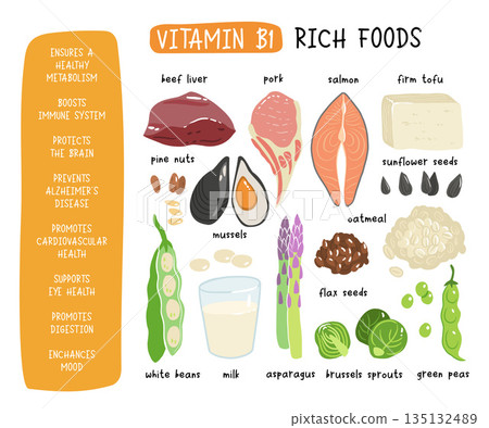 Collection of vitamin B1 sources. Food containing thiamin. Tofu, oatmeal, liver, pork, beans, peas, mussels, salmon, asparagus, flax seeds, brussels sprouts. Dietetic products, organic nutrition. Collection of vitamin B1 sources. Food containing thiamin. Tofu, oatmeal, liver, pork, beans, peas, mussels, salmon, asparagus, flax seeds, brussels sprouts. Dietetic products, organic nutrition. 135132489