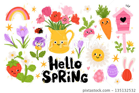 Cute hello spring and easter collection. Flat vector cartoon sticker set with kawaii characters, strawberry, chamomile, radish and carrot, nest box, eggs with bunny ears and flowers. Cute hello spring and easter collection. Flat vector cartoon sticker set with kawaii characters, strawberry, chamomile, radish and carrot, nest box, eggs with bunny ears and flowers. 135132532