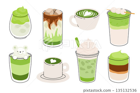 Set of Japan matcha latte. Collection of matcha drinks with latte art heart, leaf, bear, cat. Green iced matcha latte in various cups. Vector Illustration, flat cartoon Icons. Set of Japan matcha latte. Collection of matcha drinks with latte art heart, leaf, bear, cat. Green iced matcha latte in various cups. Vector Illustration, flat cartoon Icons. 135132536