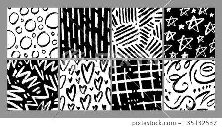 Wavy and swirled brush strokes vector pattern. Black paint freehand scribbles, abstract ink background. Brushstrokes, smears, lines, squiggle pattern. Abstract grunge scrawls wallpaper design 135132537