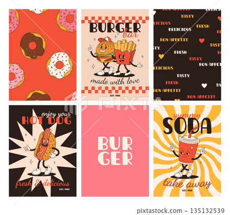 Set of fast food posters. Retro groovy cards with street food characters. Brochure with funky groovy burger, french fries, soda, ice cream, donut, pie, coffee to go, sandwich. Fast food delivery Set of fast food posters. Retro groovy cards with street food characters. Brochure with funky groovy burger, french fries, soda, ice cream, donut, pie, coffee to go, sandwich. Fast food delivery 135132539
