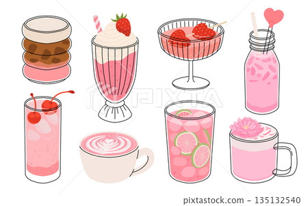 Collection of drinks for Valentine's Day. Mug with coffee, cocoa, hot chocolate, cream, strawberry milk with hearts, cherry cocktail, latte, love potion. Hot and cold beverages for Valentine's Day. 135132540
