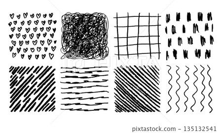 Pencil stroke pattern. Pen doodle scrawl. Hand drawn sketch texture with pencil lines. Cross or parallel hatch. Black and white grunge backgrounds. Vector square hatching shapes set 135132541