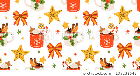 Seamless Christmas pattern with cacao drink, ginger cookie, present and lollipop. Vector illustration for textile, postcard, wrapping paper, poster, background, book, t-shirt. 135132542