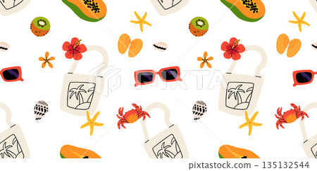 Seamless pattern with summer Icons for tropical vacation. Flat vector seasonal collection with ice cream, pineapple, tropic leaves, plumeria, watermelon, surfboard, beach accessories, swimsuit Seamless pattern with summer Icons for tropical vacation. Flat vector seasonal collection with ice cream, pineapple, tropic leaves, plumeria, watermelon, surfboard, beach accessories, swimsuit 135132544