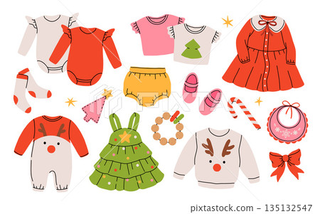 Christmas outfit for newborn or toddler girl. Winter Outfit for baby girl on xmas holidays. Cartoon vector Illustration with collection of festive clothes. 135132547
