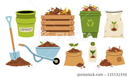 Set of cartoon flat icons. Organic composting theme. Garden tools, bag of compost, ground, food garbage. Illustration of bio, organic fertilizer, compost bin and box, agronomy. wheelbarrow and worms Set of cartoon flat icons. Organic composting theme. Garden tools, bag of compost, ground, food garbage. Illustration of bio, organic fertilizer, compost bin and box, agronomy. wheelbarrow and worms 135132548