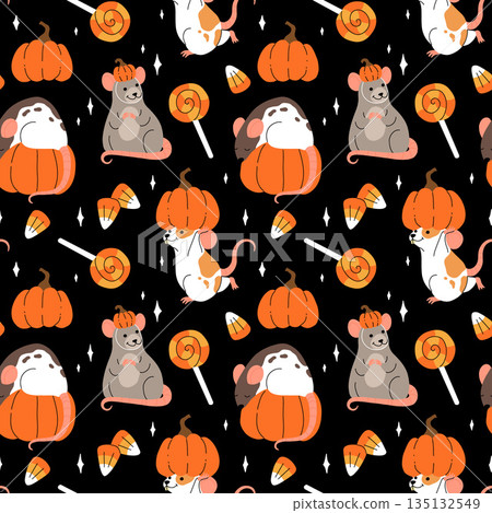 Vector set of mouse characters, Halloween kawaii cartoon style. Rats dressed up in pumpkin hat, Mouse with pumpkin and candies. Halloween and thanksgiving cartoon seamless pattern Vector set of mouse characters, Halloween kawaii cartoon style. Rats dressed up in pumpkin hat, Mouse with pumpkin and candies. Halloween and thanksgiving cartoon seamless pattern 135132549