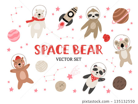 Big set of cute bear astronauts in space, with planets, stars, rocket and constellation. Hand drawn vector illustration. Scandinavian style flat design. Brown, polar and panda bear, sloth and koala. 135132550