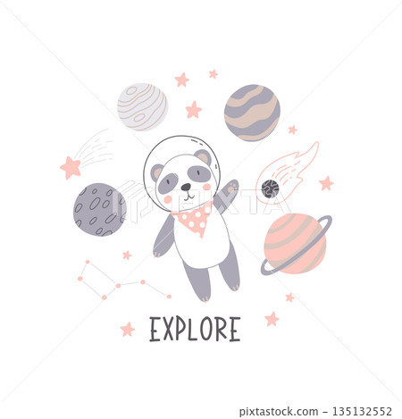 Space adventure panda. Cartoon bear, hand drawing lettering, decor elements. Pastel vector illustration for kids. Scandinavian flat style. baby design for cards, posters, t-shirt print. 135132552