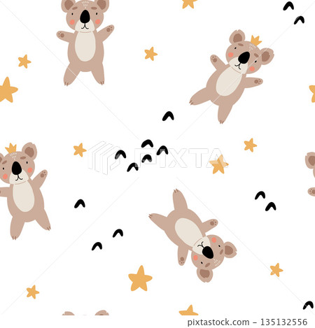 Cute bear seamless pattern. koala with crown and stars. Kawaii cartoon character. Baby greeting card template. Notebook cover, tshirt. Cute bear seamless pattern. koala with crown and stars. Kawaii cartoon character. Baby greeting card template. Notebook cover, tshirt. 135132556