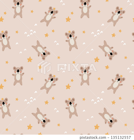 Cute bear seamless pattern. koala with crown and stars. Kawaii cartoon character. Baby greeting card template. Notebook cover, tshirt. Cute bear seamless pattern. koala with crown and stars. Kawaii cartoon character. Baby greeting card template. Notebook cover, tshirt. 135132557