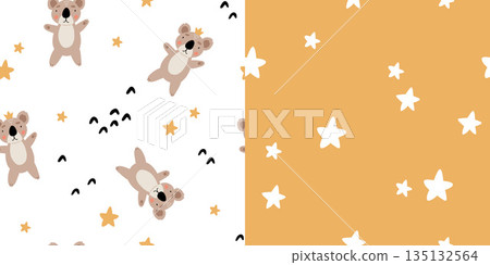 Cute bear seamless pattern. koala with crown and stars. Kawaii cartoon character. Baby greeting card template. Notebook cover, tshirt. Cute bear seamless pattern. koala with crown and stars. Kawaii cartoon character. Baby greeting card template. Notebook cover, tshirt. 135132564