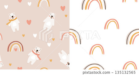 Cute bear seamless pattern. polar bear with hearts and rainbows. Kawaii cartoon character. Baby greeting card template. Notebook cover, tshirt. Cute bear seamless pattern. polar bear with hearts and rainbows. Kawaii cartoon character. Baby greeting card template. Notebook cover, tshirt. 135132565