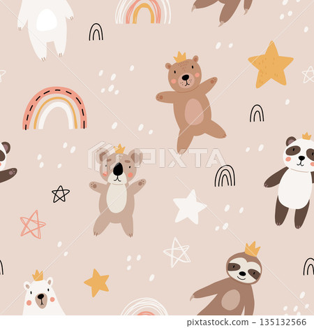 Cute kids bear seamless pattern. Cartoon bears characters like panda, koala, grizzly, polar, sloth. Scandinavian flat style, baby design for cards, posters, t-shirt print. Cute kids bear seamless pattern. Cartoon bears characters like panda, koala, grizzly, polar, sloth. Scandinavian flat style, baby design for cards, posters, t-shirt print. 135132566