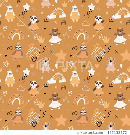 Seamless pattern with cute funny little ballerina bears, polar, grizzly, panda, sloth, koala. Vector kids illustration. Scandinavian style flat design. Cartoon children concept. Seamless pattern with cute funny little ballerina bears, polar, grizzly, panda, sloth, koala. Vector kids illustration. Scandinavian style flat design. Cartoon children concept. 135132572
