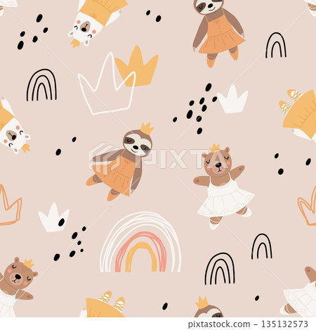 Seamless pattern with cute funny little ballerina bears, polar, grizzly, panda, sloth, koala. Vector kids illustration. Scandinavian style flat design. Cartoon children concept. Seamless pattern with cute funny little ballerina bears, polar, grizzly, panda, sloth, koala. Vector kids illustration. Scandinavian style flat design. Cartoon children concept. 135132573