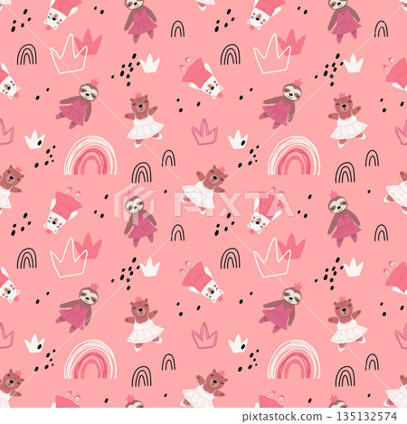 Seamless pattern with cute funny little ballerina bears, polar, grizzly, panda, sloth, koala. Vector kids illustration. Scandinavian style flat design. Cartoon children concept. 135132574
