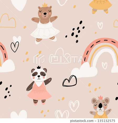 Seamless pattern with cute funny little ballerina bears, polar, grizzly, panda, sloth, koala. Vector kids illustration. Scandinavian style flat design. Cartoon children concept. 135132575