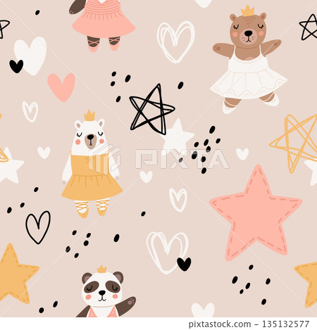 Seamless pattern with cute funny little ballerina bears, polar, grizzly, panda, sloth, koala. Vector kids illustration. Scandinavian style flat design. Cartoon children concept. Seamless pattern with cute funny little ballerina bears, polar, grizzly, panda, sloth, koala. Vector kids illustration. Scandinavian style flat design. Cartoon children concept. 135132577