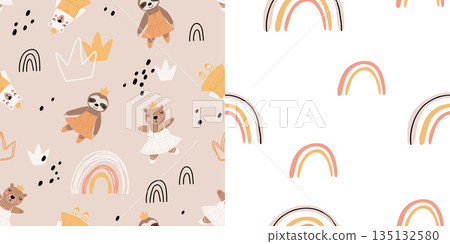 Seamless pattern with cute funny little ballerina bears, polar, grizzly, panda, sloth, koala. Vector kids illustration. Scandinavian style flat design. Cartoon children concept. 135132580