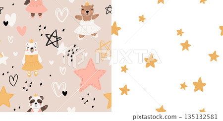 Seamless pattern with cute funny little ballerina bears, polar, grizzly, panda, sloth, koala. Vector kids illustration. Scandinavian style flat design. Cartoon children concept. 135132581