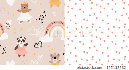 Seamless pattern with cute funny little ballerina bears, polar, grizzly, panda, sloth, koala. Vector kids illustration. Scandinavian style flat design. Cartoon children concept. 135132582