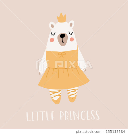 little princess, cute funny little ballerina polar bear. Vector kids illustration. Scandinavian style flat design. Cartoon children concept. 135132584