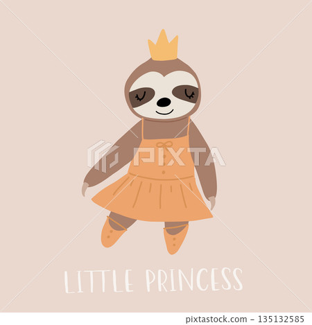 little princess, cute funny little ballerina sloth. Vector kids illustration. Scandinavian style flat design. Cartoon children concept. little princess, cute funny little ballerina sloth. Vector kids illustration. Scandinavian style flat design. Cartoon children concept. 135132585