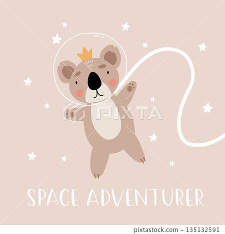 Space adventure koala. Cartoon bear, hand drawing lettering, decor elements. Pastel vector illustration for kids. Scandinavian flat style. baby design for cards, posters, t-shirt print. 135132591