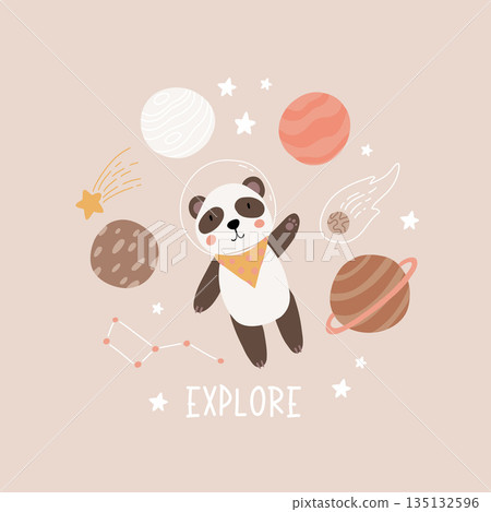 Space adventure panda. Cartoon bear, hand drawing lettering, decor elements. Pastel vector illustration for kids. Scandinavian flat style. baby design for cards, posters, t-shirt print. Space adventure panda. Cartoon bear, hand drawing lettering, decor elements. Pastel vector illustration for kids. Scandinavian flat style. baby design for cards, posters, t-shirt print. 135132596