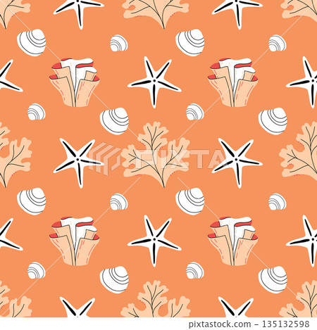Beautiful coral reefs. Natural seamless pattern with undersea flora and fauna, sea or ocean life. Undersea backdrop with coral, algae, starfish, shells. Flat vector illustration 135132598