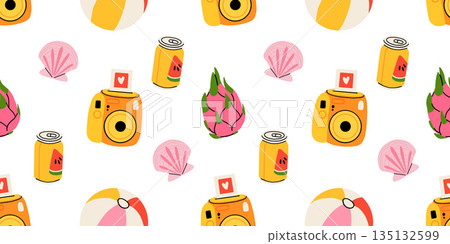 Seamless pattern with summer Icons for tropical vacation. Flat vector seasonal collection with ice cream, pineapple, tropic leaves, plumeria, watermelon, surfboard, beach accessories, swimsuit Seamless pattern with summer Icons for tropical vacation. Flat vector seasonal collection with ice cream, pineapple, tropic leaves, plumeria, watermelon, surfboard, beach accessories, swimsuit 135132599