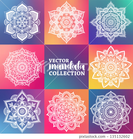 Set of round gradient mandala on colorful background. Vector hipster mandala in green, red, blue, violet and pink colors. Mandala with floral patterns. Yoga template. 135132602