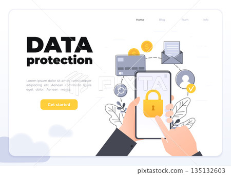 Protection of mobile data and personal information, hands holding mobile phone with lock, data access concept, flat cartoon vector with floral elements. Glassmorphism landing page concept. 135132603