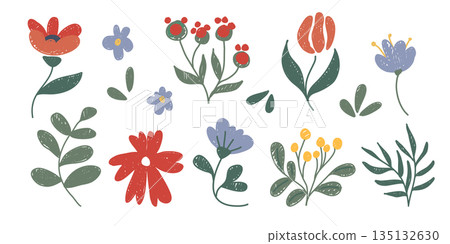 Crayon doodle flowers set isolated on white Crayon doodle flowers set isolated on white 135132630