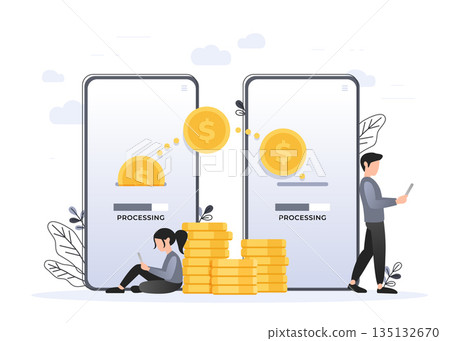 Mobile Payment concept, People character transfer money for online shopping on smartphone. Suitable for web landing page, ui, mobile app, banner template. Vector Illustration Mobile Payment concept, People character transfer money for online shopping on smartphone. Suitable for web landing page, ui, mobile app, banner template. Vector Illustration 135132670