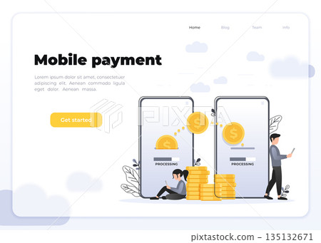 Mobile Payment concept, People character transfer money for online shopping on smartphone. Suitable for web landing page, ui, mobile app, banner template. Glassmorphism landing page concept. Mobile Payment concept, People character transfer money for online shopping on smartphone. Suitable for web landing page, ui, mobile app, banner template. Glassmorphism landing page concept. 135132671