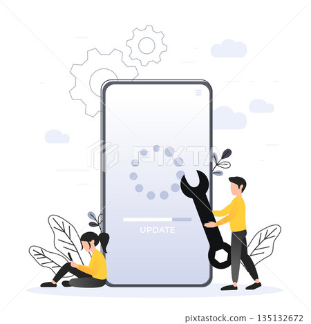 System updates with people updating operation in computing and installation programs. mobile application. Flat vector illustration modern character design. For a landing page, banner, flyer, web page. 135132672
